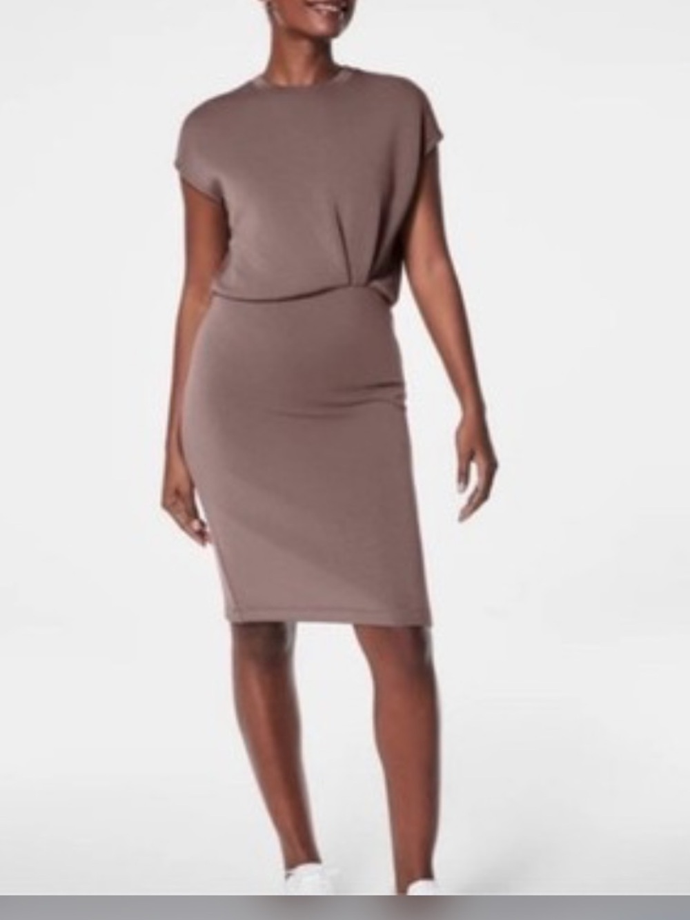 SPANX AirEssentials Faux Tuck Gathered Waist Dress Taupe M